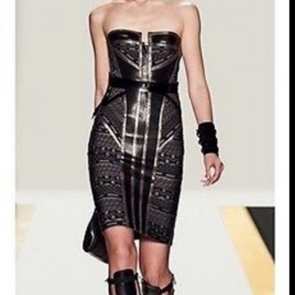 HERVE LEGER Strapless Gunmetal Chain Dress XS leather stretch - Picture 5 of 9